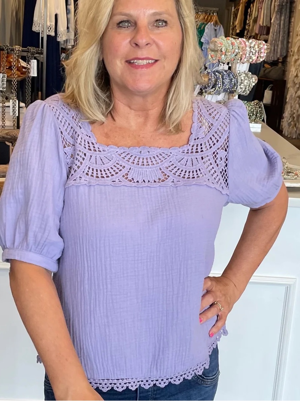 Lavender Crochet Yoke Puff Sleeve Top - Women